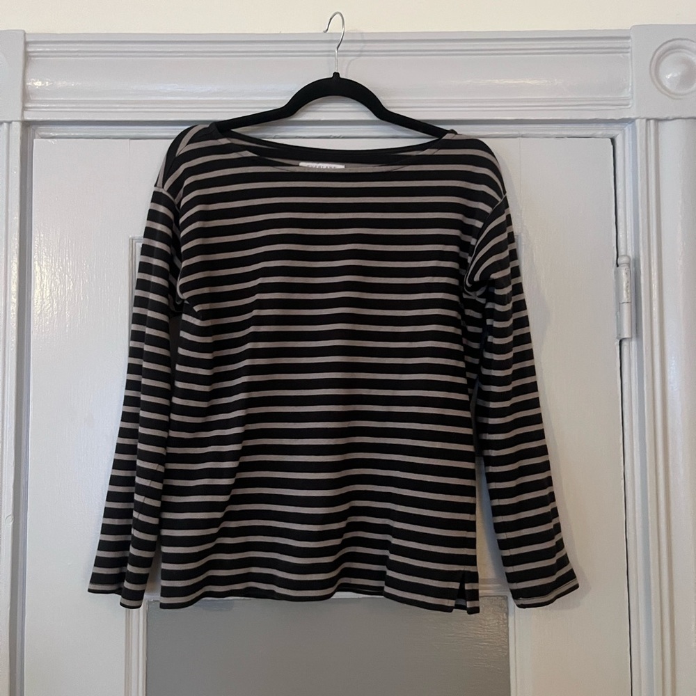 Everlane Striped Black and gray boatneck longsleeve tee